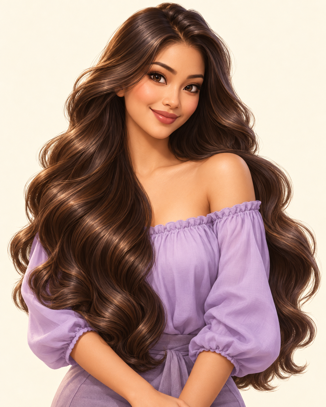 Ilustrasi karakter dengan rambut panjang bergelombang